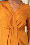 Stella– Mustard Satin Wrap Top with Navy Poplin Formal Pants