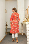 Laali – Red Floral Hand Printed Cotton Kurta Set with White Lace Pants