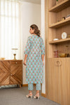 Firozi – Turquoise Floral Boota Hand Printed Cotton Kurta Set with Pants