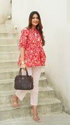 Cherie – Red Floral Hand Printed Cotton Tassel Top with Blush Pink Pants