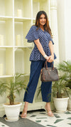 Eliza – Indigo Hand Printed Cotton Peplum Top with Indigo Pants Co-Ord Set