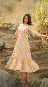 Honey – Yellow Floral Hand Printed Cotton Long Dress with Ruffle Hem