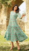 Ivy – Green Floral Hand Printed Cotton Three-Tier Long Dress with Mirror Work
