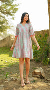 Poppy – Mint Green Floral Hand Printed Cotton Short Tiered Dress with Tassel Sleeves