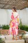 Rosaline – Pink & Yellow Floral Printed Chiffon Long Tiered Dress with Tassel Tie