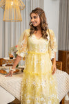 Aurora – Lemon Yellow Embroidered Net Two-Tier Midi Dress