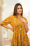 Marigold – Mustard Floral Hand Printed Cotton Long Dress with Shell Work Yoke