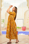 Marigold – Mustard Floral Hand Printed Cotton Long Dress with Shell Work Yoke