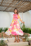 Rosaline – Pink & Yellow Floral Printed Chiffon Long Tiered Dress with Tassel Tie