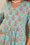 Firozi – Turquoise Floral Boota Hand Printed Cotton Kurta Set with Pants