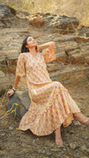 Honey – Yellow Floral Hand Printed Cotton Long Dress with Ruffle Hem