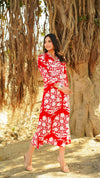 Scarlett – Red Floral Printed Cotton Bodycon Midi Dress with Lace Trim