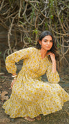 Buttercup – Yellow Floral Hand Printed Cotton Short Dress with Ruffle Neckline