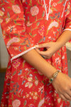 Laali – Red Floral Hand Printed Cotton Kurta Set with White Lace Pants