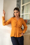 Stella– Mustard Satin Wrap Top with Navy Poplin Formal Pants