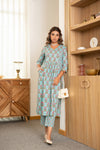 Firozi – Turquoise Floral Boota Hand Printed Cotton Kurta Set with Pants