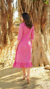 Daisy – Pink Embroidered Cotton Mulmul Midi Dress with Ruffle Hem