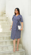 Iris – Indigo Floral Hand Printed Cotton Kantha Wrap Midi Dress