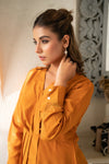 Stella– Mustard Satin Wrap Top with Navy Poplin Formal Pants
