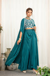Celine – Teal Embroidered French Crepe 3-Piece Indo-Western Draped Skirt Set