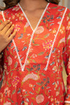 Laali – Red Floral Hand Printed Cotton Kurta Set with White Lace Pants