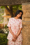 Evie – Ivory & Pink Floral Hand Printed Cotton Top with Palazzo Co-Ord Set