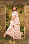 Evie – Ivory & Pink Floral Hand Printed Cotton Top with Palazzo Co-Ord Set