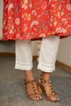 Laali – Red Floral Hand Printed Cotton Kurta Set with White Lace Pants