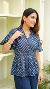 Eliza – Indigo Hand Printed Cotton Peplum Top with Indigo Pants Co-Ord Set