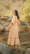 Honey – Yellow Floral Hand Printed Cotton Long Dress with Ruffle Hem