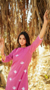 Daisy – Pink Embroidered Cotton Mulmul Midi Dress with Ruffle Hem