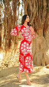 Scarlett – Red Floral Printed Cotton Bodycon Midi Dress with Lace Trim