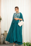 Celine – Teal Embroidered French Crepe 3-Piece Indo-Western Draped Skirt Set
