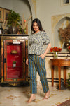 Nina – Sage Floral Hand Printed Cotton Peplum Top with Striped Pants Set
