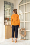 Stella– Mustard Satin Wrap Top with Navy Poplin Formal Pants