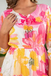 Rosaline – Pink & Yellow Floral Printed Chiffon Long Tiered Dress with Tassel Tie