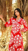 Scarlett – Red Floral Printed Cotton Bodycon Midi Dress with Lace Trim