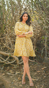 Buttercup – Yellow Floral Hand Printed Cotton Short Dress with Ruffle Neckline