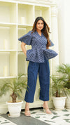 Eliza – Indigo Hand Printed Cotton Peplum Top with Indigo Pants Co-Ord Set