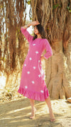 Daisy – Pink Embroidered Cotton Mulmul Midi Dress with Ruffle Hem