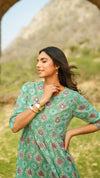 Ivy – Green Floral Hand Printed Cotton Three-Tier Long Dress with Mirror Work