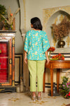 Leah – Turquoise Floral Hand Printed Cotton Kaftan Top with Chevron Tapered Pants
