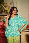 Leah – Turquoise Floral Hand Printed Cotton Kaftan Top with Chevron Tapered Pants