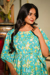 Leah – Turquoise Floral Hand Printed Cotton Kaftan Top with Chevron Tapered Pants