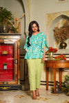 Leah – Turquoise Floral Hand Printed Cotton Kaftan Top with Chevron Tapered Pants