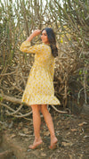 Buttercup – Yellow Floral Hand Printed Cotton Short Dress with Ruffle Neckline