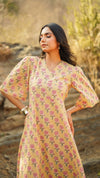 Honey – Yellow Floral Hand Printed Cotton Long Dress with Ruffle Hem