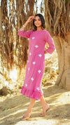 Daisy – Pink Embroidered Cotton Mulmul Midi Dress with Ruffle Hem