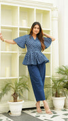 Eliza – Indigo Hand Printed Cotton Peplum Top with Indigo Pants Co-Ord Set