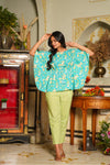 Leah – Turquoise Floral Hand Printed Cotton Kaftan Top with Chevron Tapered Pants